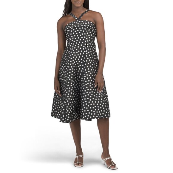 ADRIANNA PAPELL Black/ivory Sleeveless Halter Polka Dot Dress - Picture 1 of 1